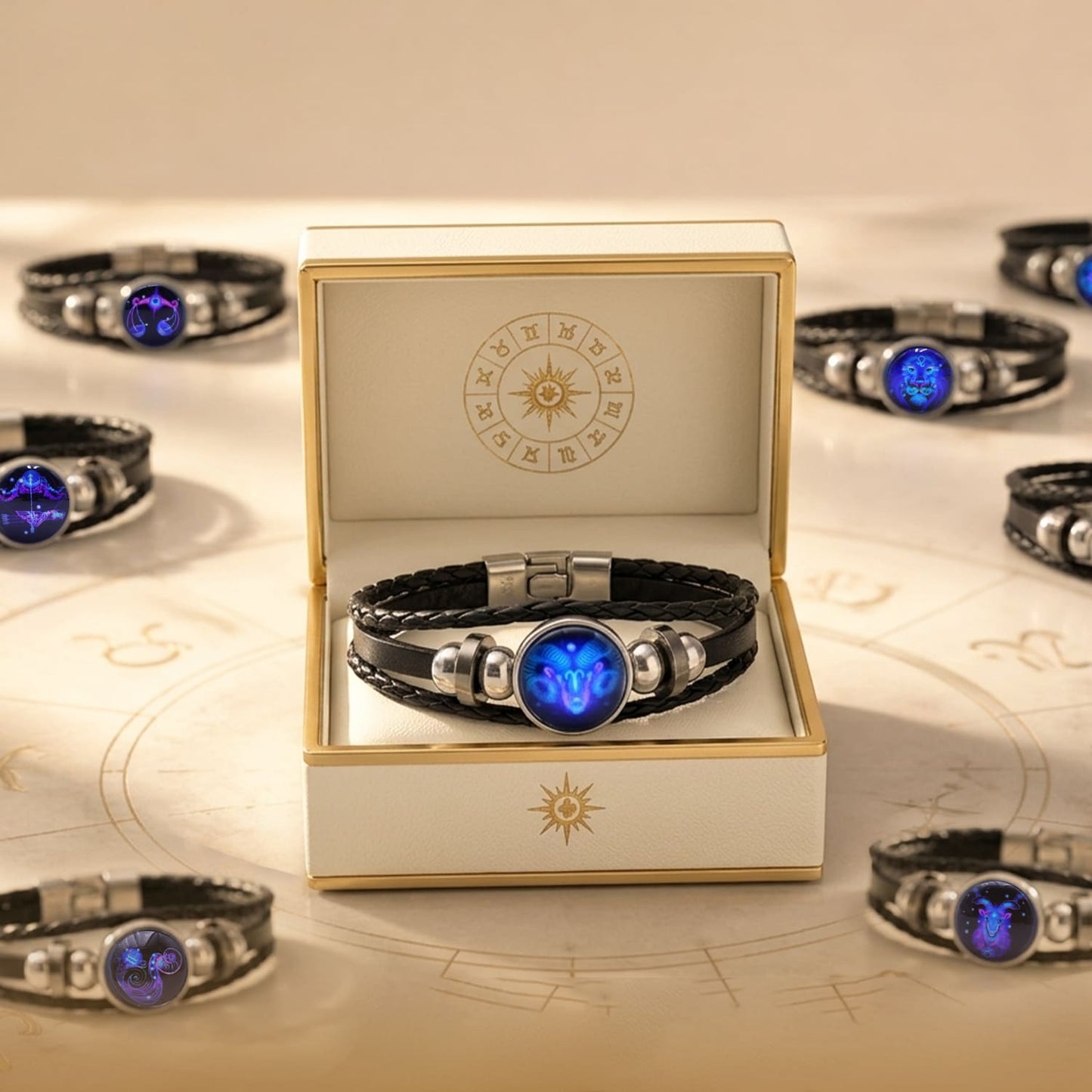 Zodiac Bracelet–Elegant Black Leather Design with 12 Constellation Signs