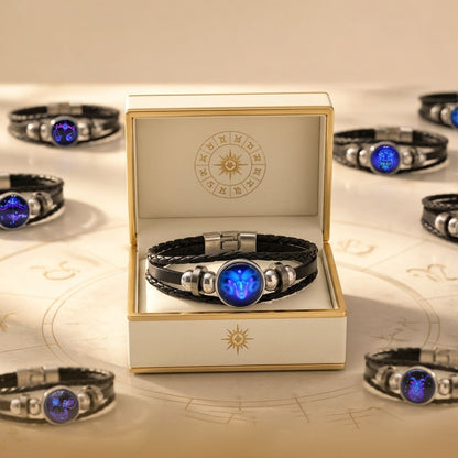 Zodiac Bracelet–Elegant Black Leather Design with 12 Constellation Signs