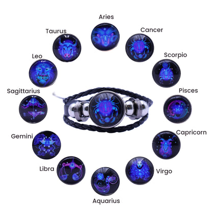 Zodiac Bracelet–Elegant Black Leather Design with 12 Constellation Signs
