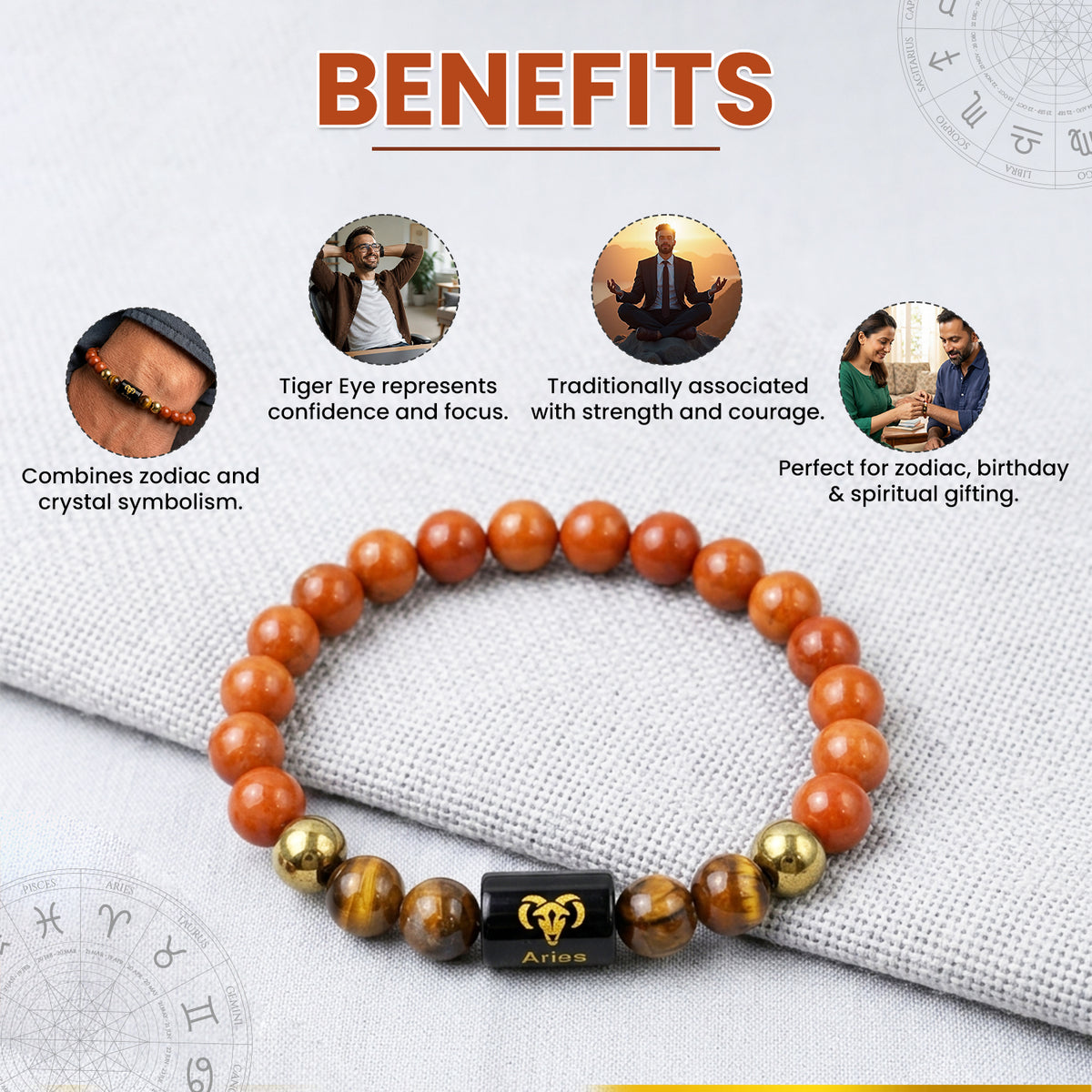 Aries (मेष राशि) Zodiac Red Jasper & Tiger Eye Crystal Bracelet