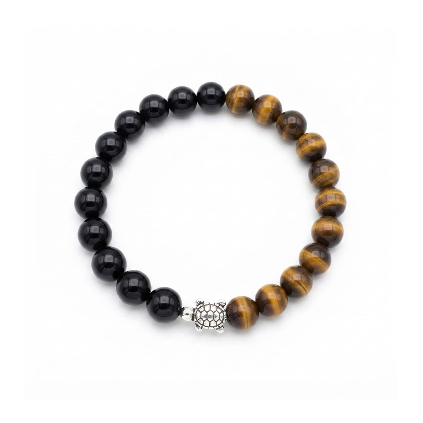 Black Obsidian and Tiger Eye Bracelet with Turtle Charm