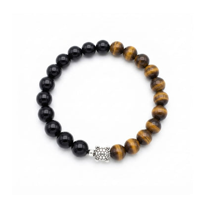 Black Obsidian and Tiger Eye Bracelet with Turtle Charm