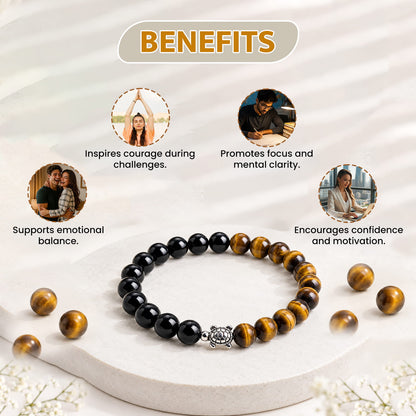 Black Obsidian and Tiger Eye Bracelet with Turtle Charm