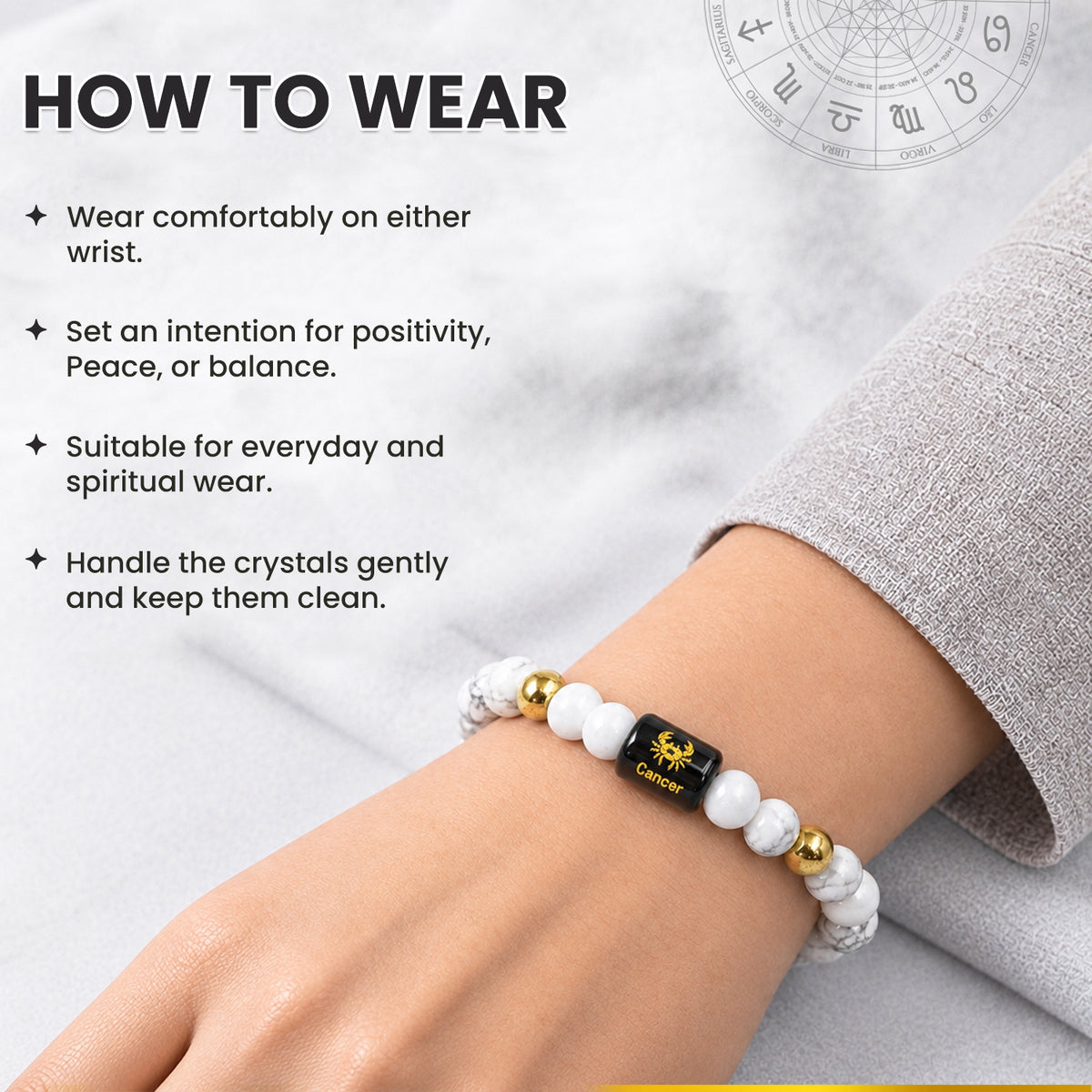Cancer (कर्क राशि) Zodiac Howlite & Milky Quartz Crystal Bracelet