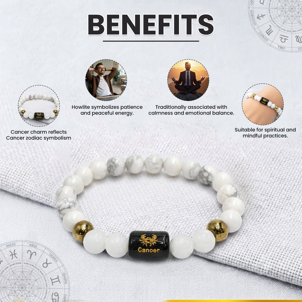 Cancer (कर्क राशि) Zodiac Howlite & Milky Quartz Crystal Bracelet