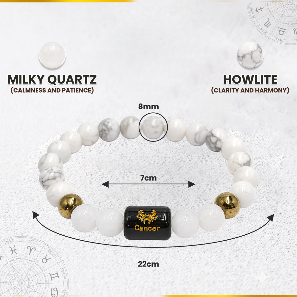 Cancer (कर्क राशि) Zodiac Howlite & Milky Quartz Crystal Bracelet