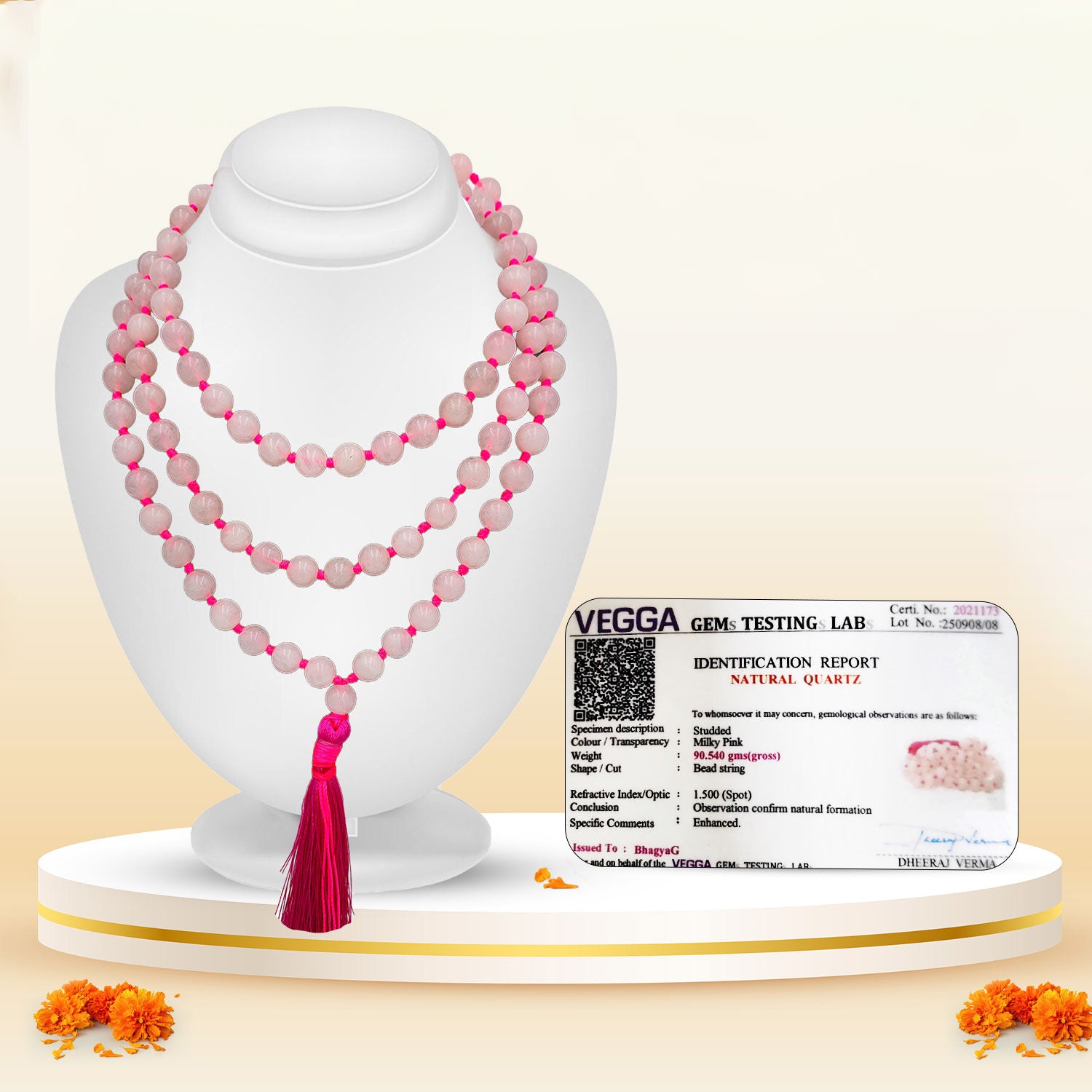 Rose Quartz Mala Certificate